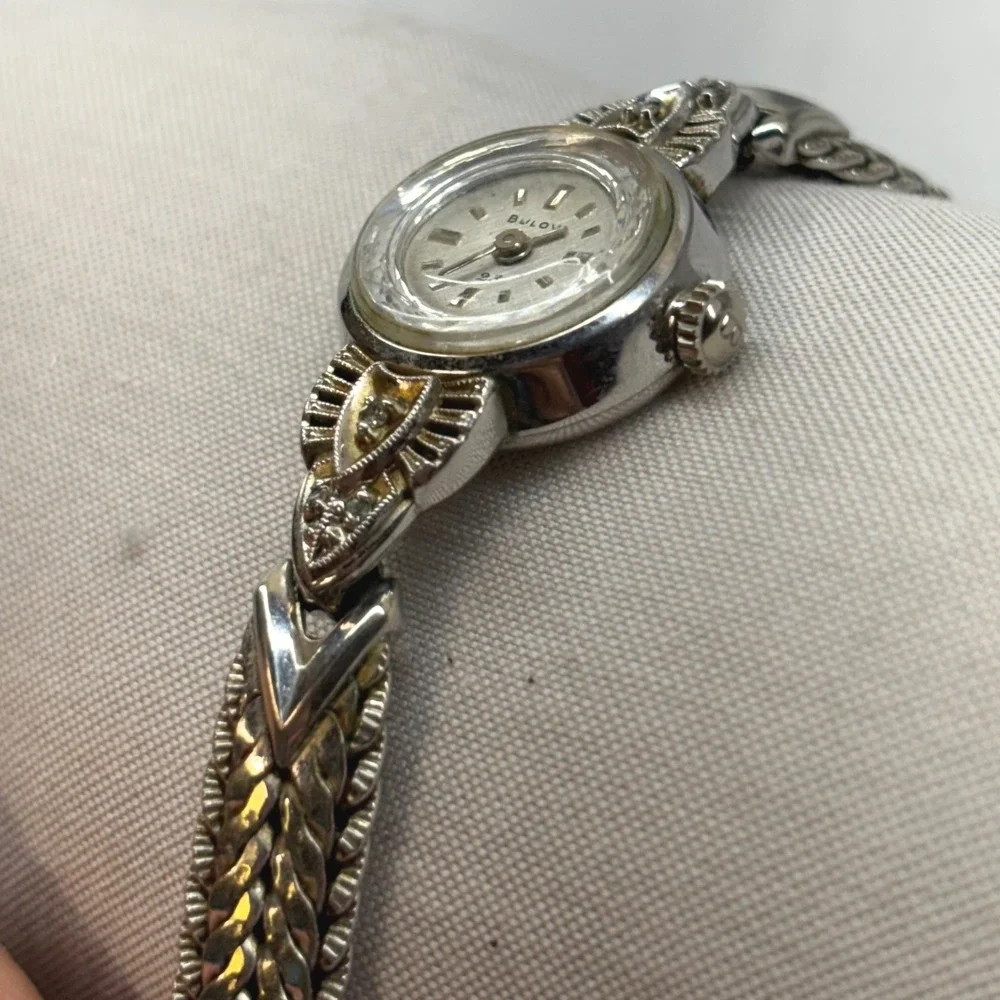 Bulova Wristwatch Womens 5.5 Silver Good 1960s 10k RGP Diamond Cocktail 23 Jwl
